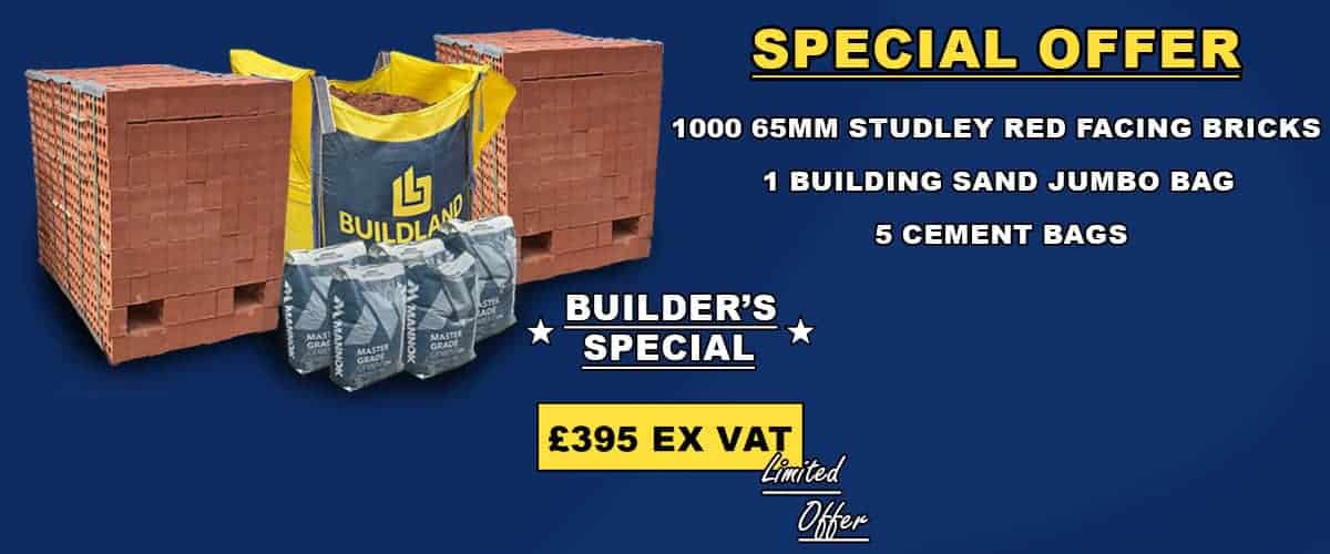 Get our builders bundle of 1000 bricks, 5 bags of cement and 1 jumbo bag of sand for £395 + vat Get our builders bundle of 1000 bricks, 5 bags of cement and 1 jumbo bag of sand for £395 + vat
