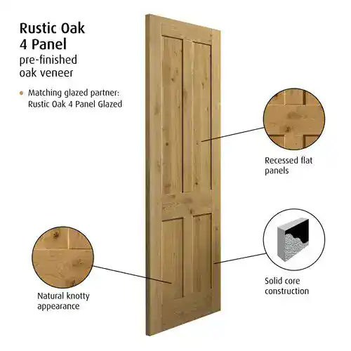 JB Kind Rustic Oak 4 Panel Internal Door - Image 2