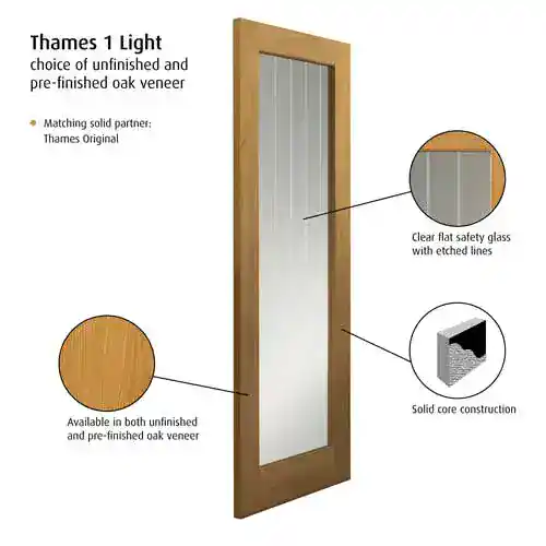 JB Kind Thames Oak 1 Light Oak Internal Door - Unfinished - Image 3